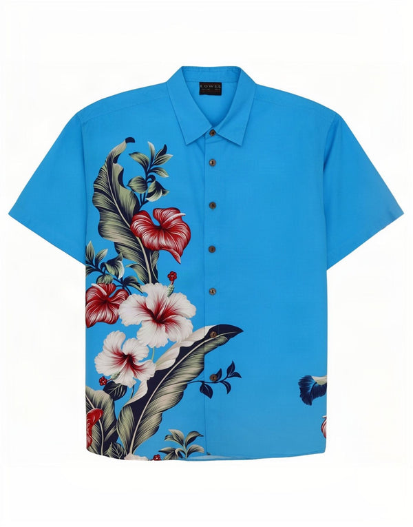 Lowes Camisa de manga corta para hombre 2XL Azul Floral Poliéster Hawaiano