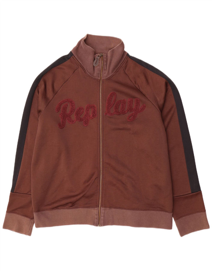 Replay Chaqueta superior de chándal con gráfico para hombre, 2XL, poliéster con bloques de color marrón
