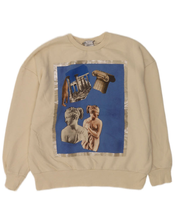 Zara Mujer Gráfico Sudadera De Gran Tamaño Jumper UK 10 Small Off White