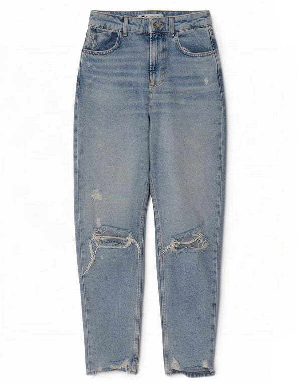 Zara Jeans Cónicos Desgastados De Cintura Alta Para Mujer EU 34 2XS W24 L27 Azul
