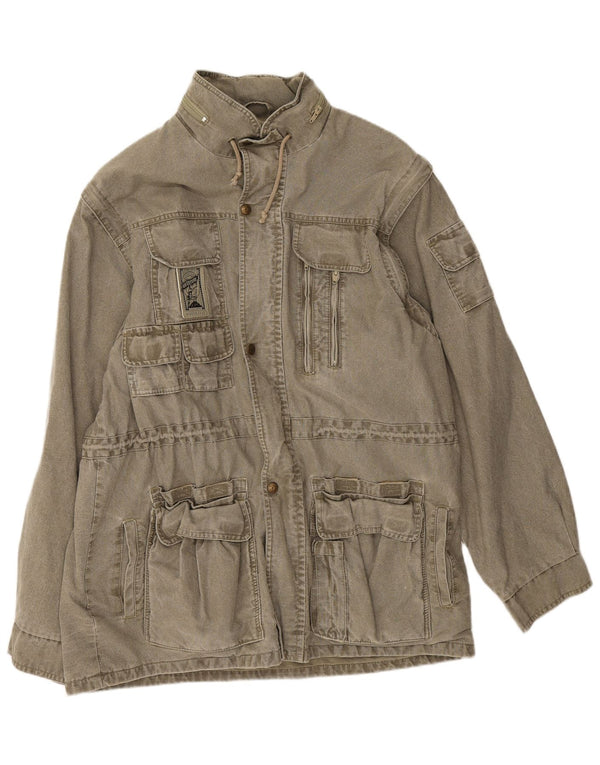Vintage hombres con capucha chaqueta utilitaria Reino Unido 44 2XL algodón caqui