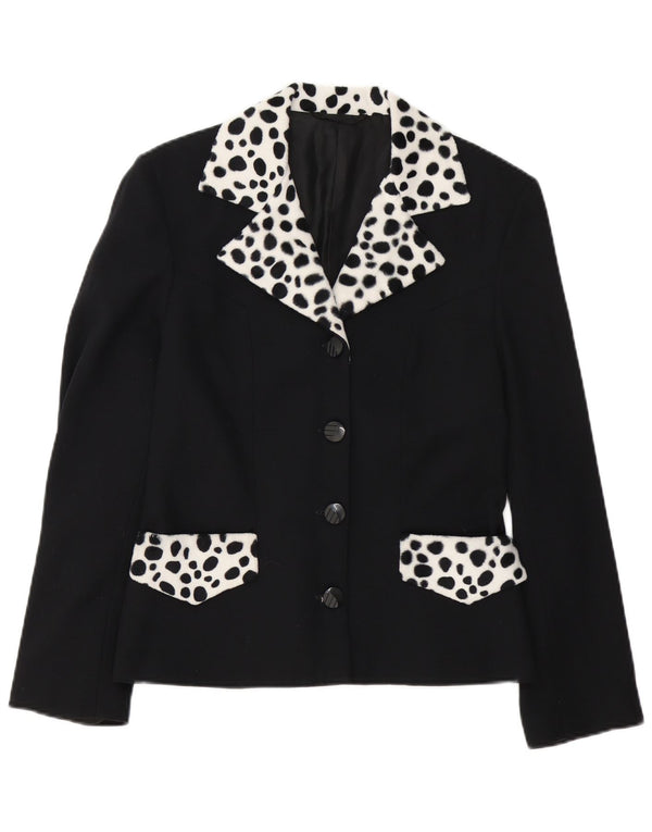 Vintage mujer 4 botones Blazer chaqueta Reino Unido 14 medio negro animal print