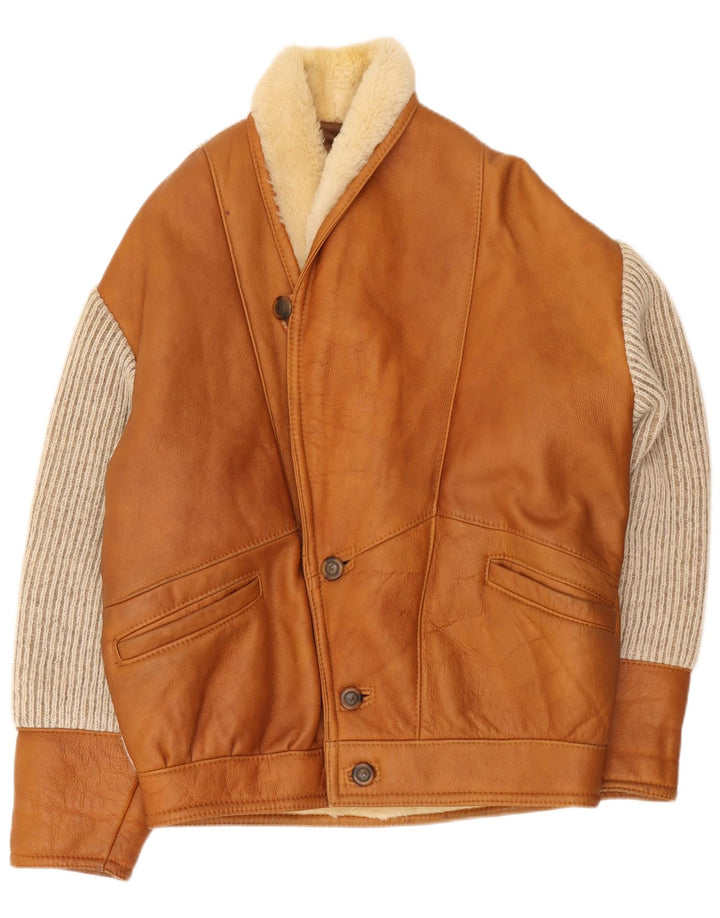 Chaqueta de piel de oveja vintage para hombre IT 50 Bloque de color marrón grande