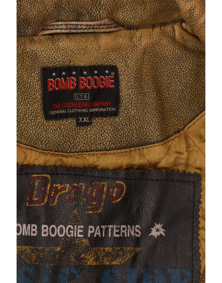 BOMB BOOGIE Chaqueta de cuero para hombre UK 44 2XL Motero de cuero marrón