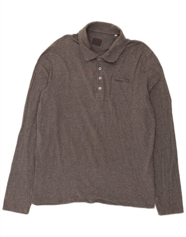 Guess Polo de manga larga para hombre de algodón gris grande