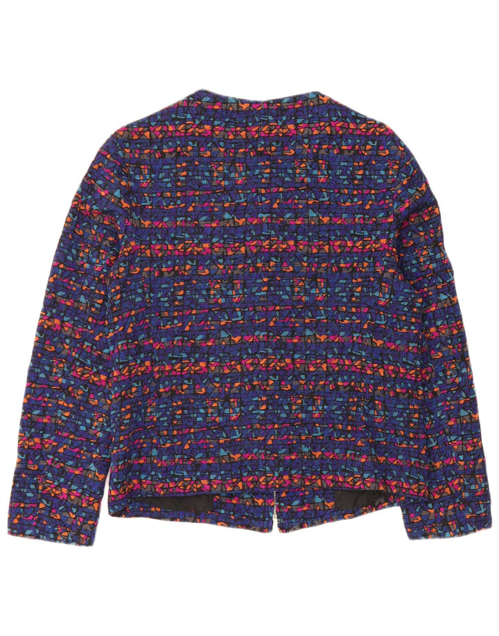 Vintage mujer chaqueta blazer con cremallera completa Reino Unido 8 pequeño azul geométrico