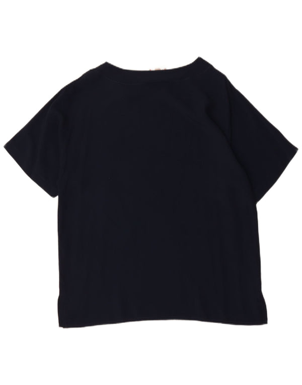 Vintage mujer blusa gráfica Top Reino Unido 16 algodón azul marino grande