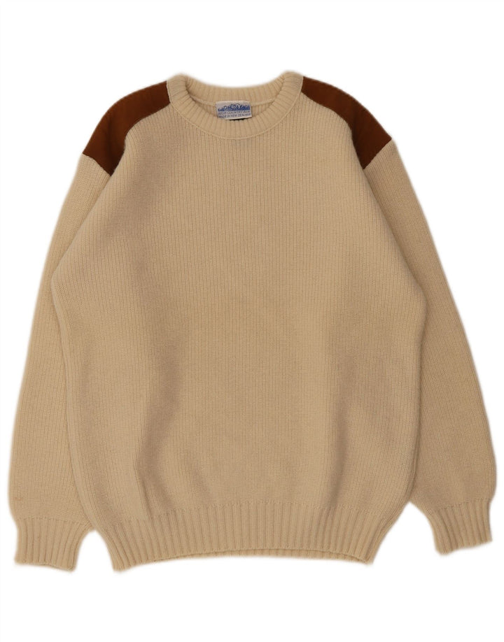 Vintage hombres cuello redondo jersey suéter medio beige colorblock lana