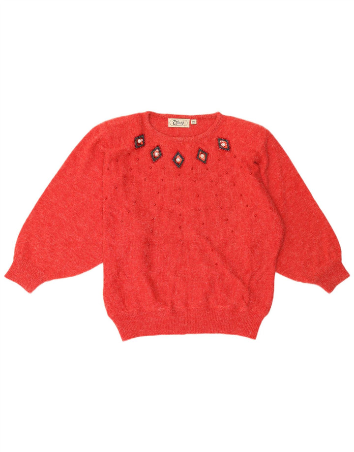 Vintage mujer cuello redondo jersey suéter un tamaño rojo acrílico