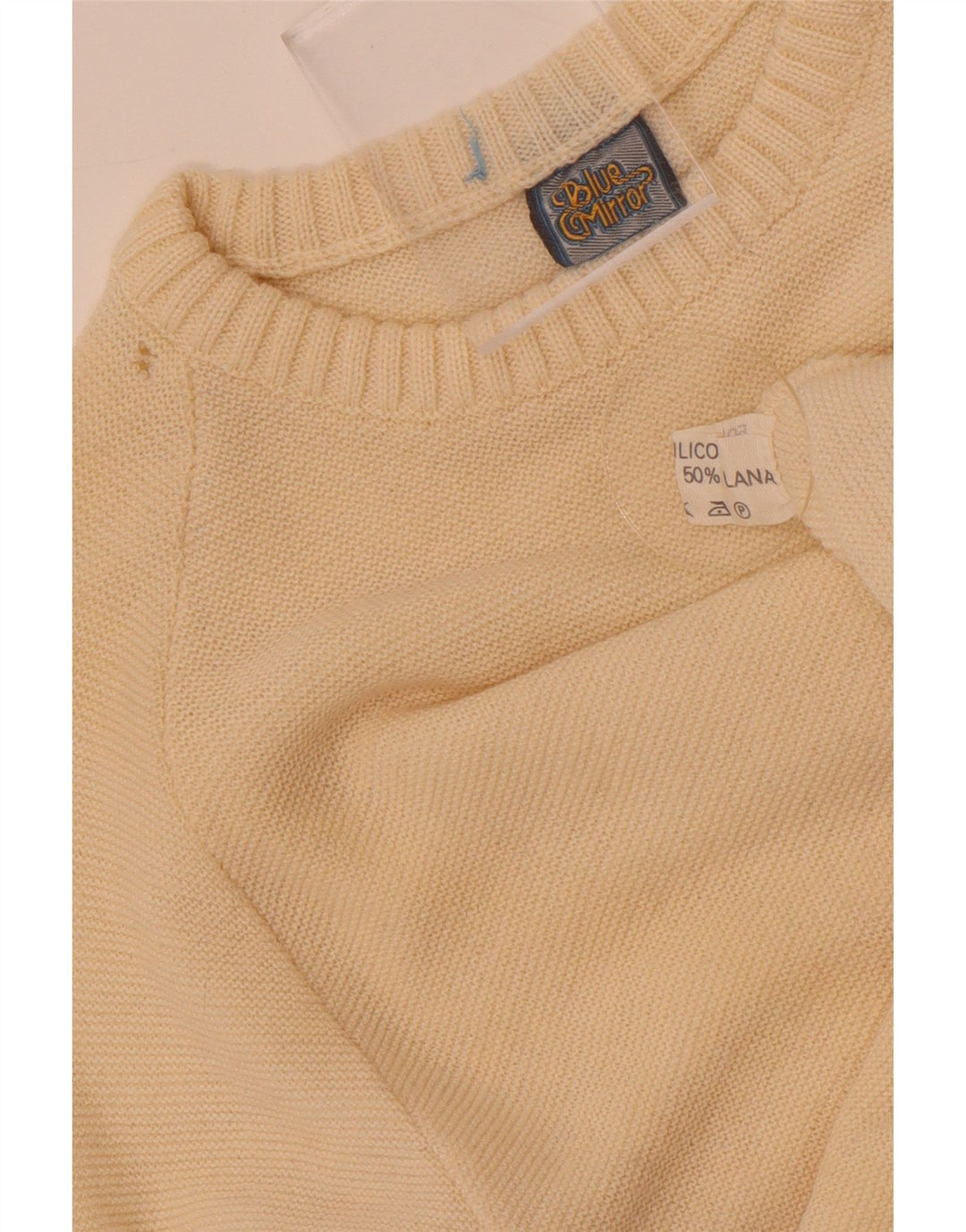 Vintage hombres cuello redondo jersey suéter pequeño off blanco colorblock lana