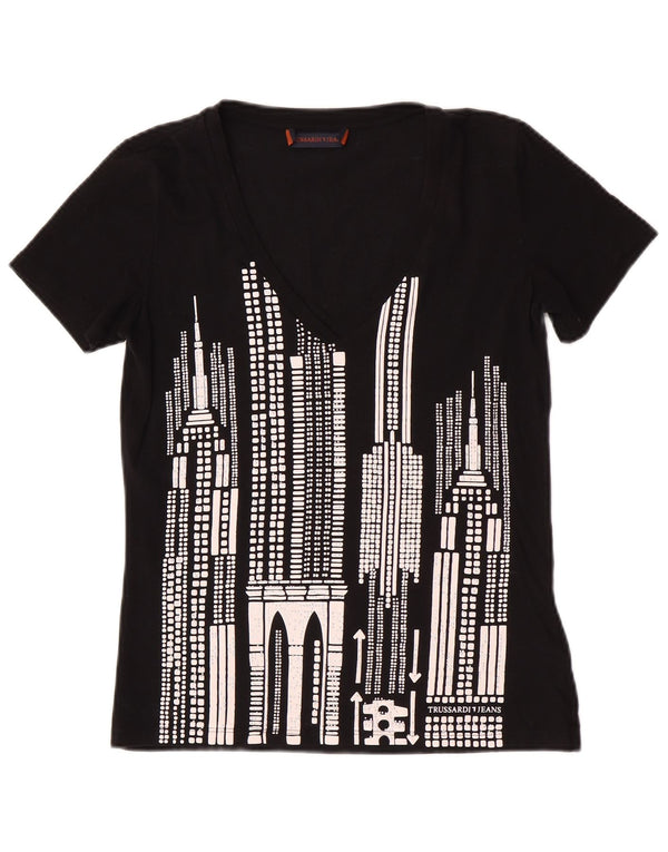 Trussardi Jeans Mujer Camiseta Gráfica Top UK 42 Medium Negro Algodón