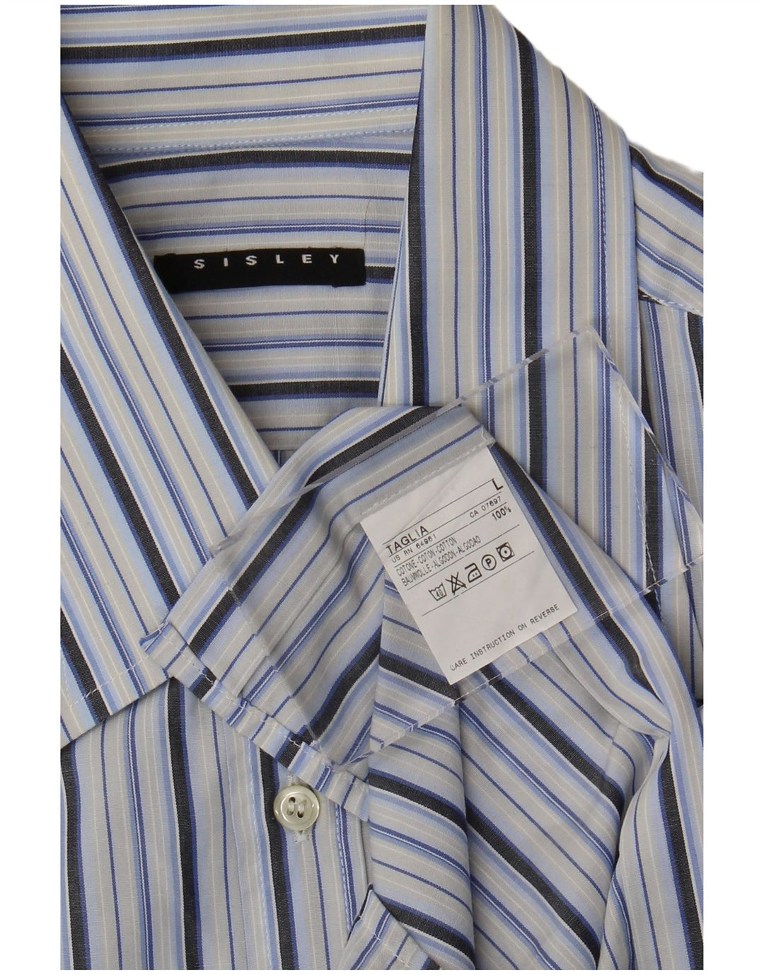 Sisley Hombre Camisa De Manga Corta De Algodón A Rayas Azul Grande