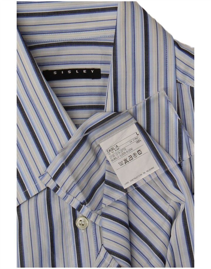 Sisley Hombre Camisa De Manga Corta De Algodón A Rayas Azul Grande