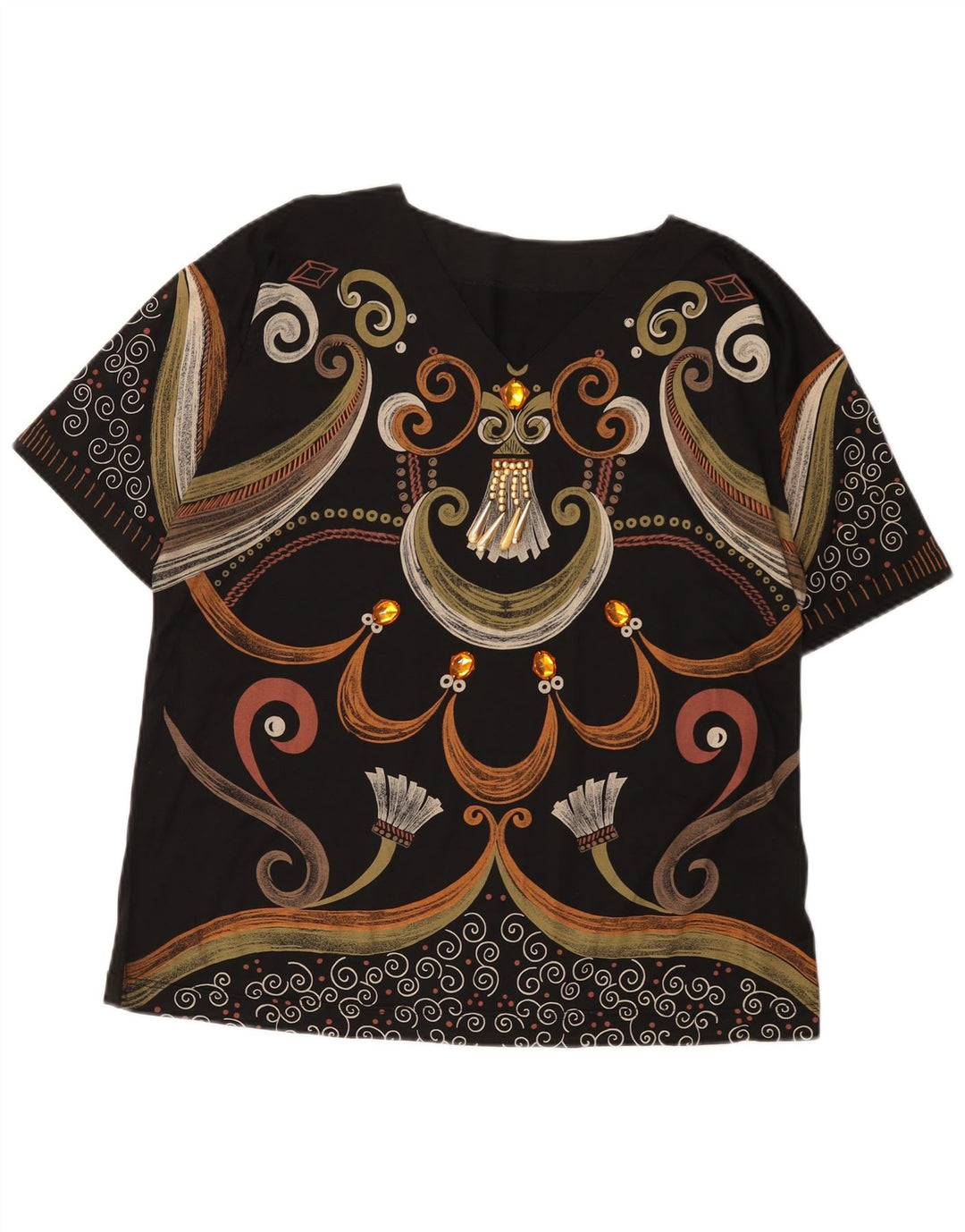 Vintage mujeres patrón abstracto camiseta gráfica Top Reino Unido 16 grande negro