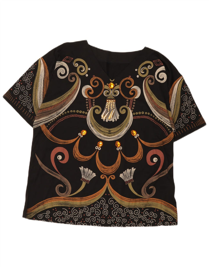 Vintage mujeres patrón abstracto camiseta gráfica Top Reino Unido 16 grande negro