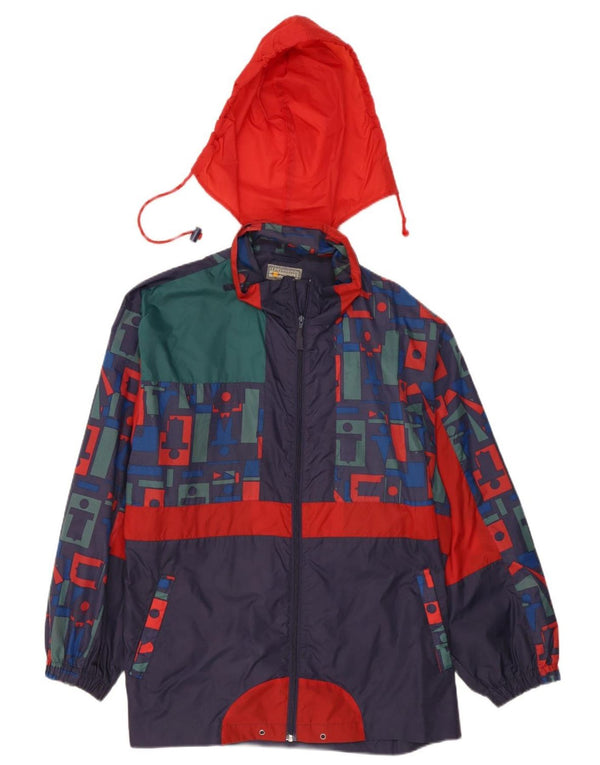 Vintage hombres con capucha chaqueta de lluvia Reino Unido 42 XL azul marino colorblock nylon