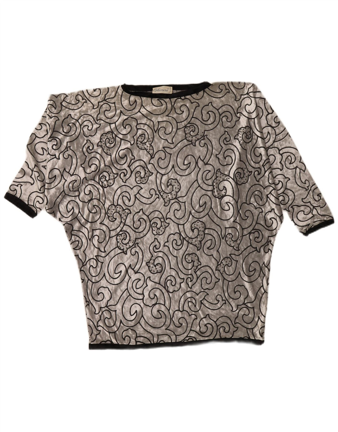 VINTAGE Mujer Batwing Velvet Túnica Top Reino Unido 22 3XL Viscosa Geométrica Plata