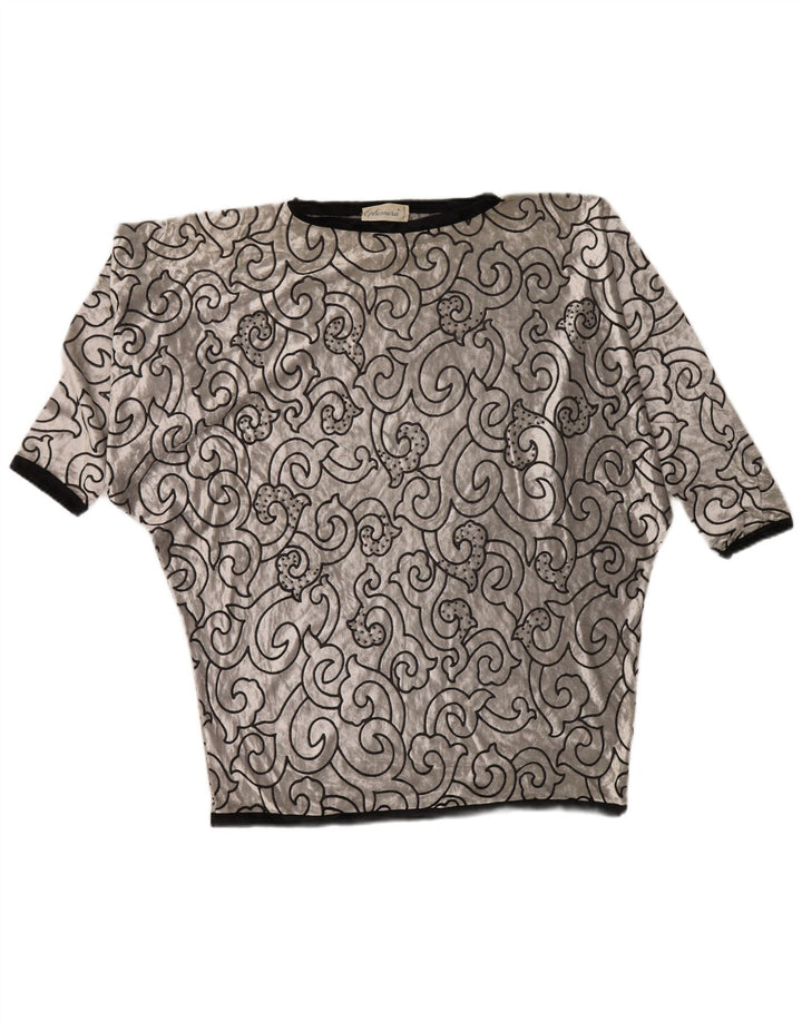 VINTAGE Mujer Batwing Velvet Túnica Top Reino Unido 22 3XL Viscosa Geométrica Plata