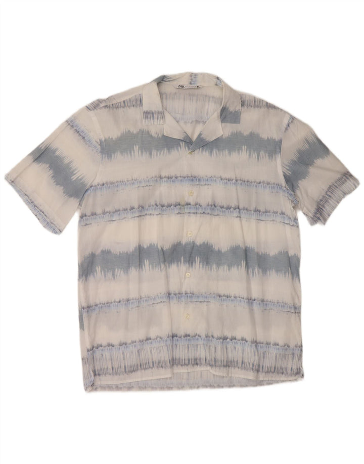 ZARA Hombre Camisa Manga Corta XL Algodón Rayas Azul