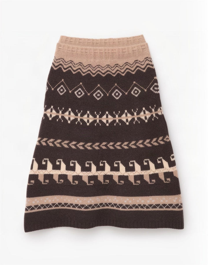 Benetton Falda Midi De Punto Talla Única Marrón Geométrico De Lana Étnica