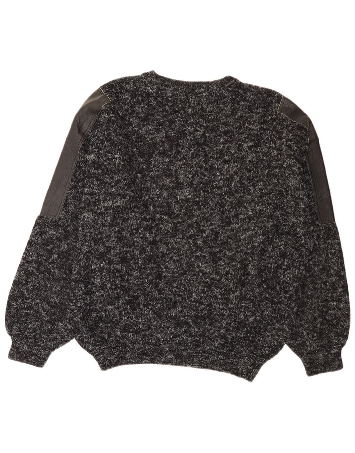 Vintage hombres cuello redondo jersey suéter grande negro patchwork lana