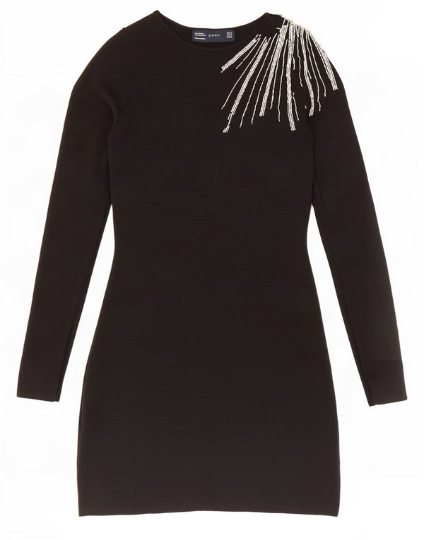 Zara Mujer Vestido Jersey De Manga Larga UK 42 Medium Viscosa Negra