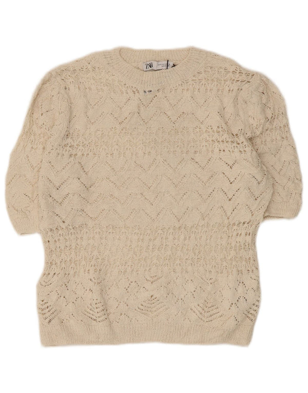 Zara Blusa Corta De Ganchillo Para Mujer Top UK 12 Medio Off White Poliéster