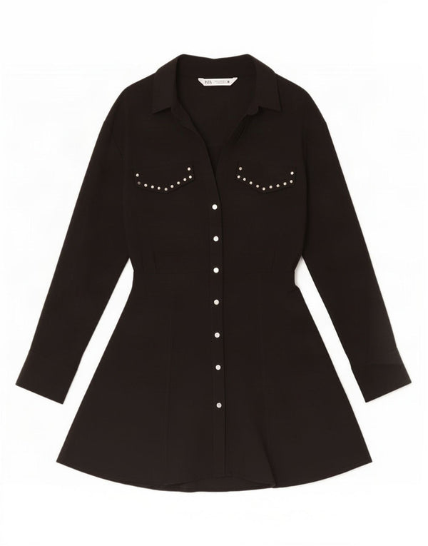 Zara Vestido Camisero Mujer UK 42 Medium Viscosa Negra