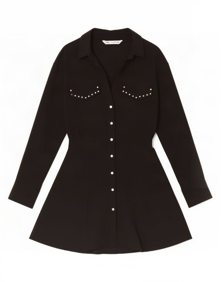 Zara Vestido Camisero Mujer UK 42 Medium Viscosa Negra