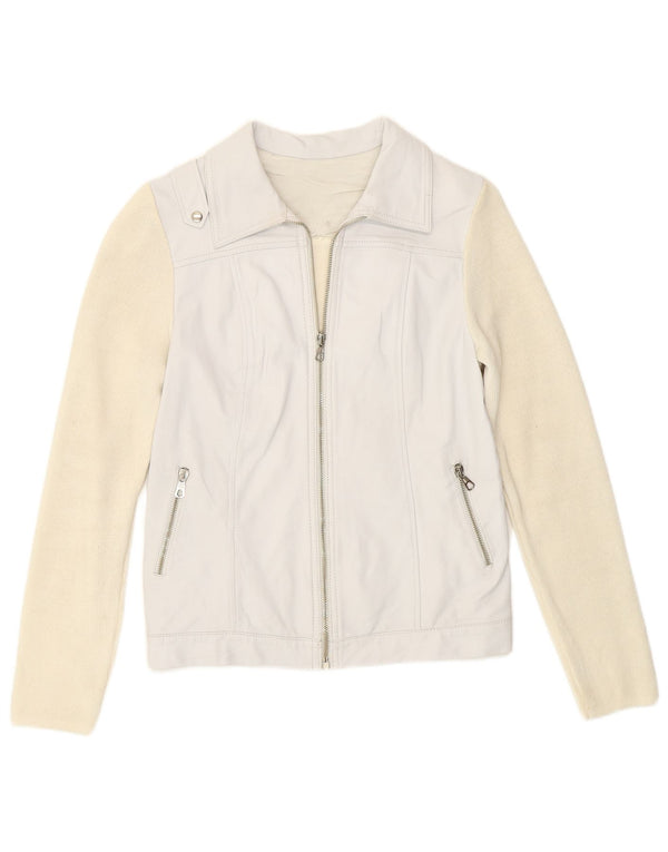 Vintage mujer biker chaqueta Reino Unido 8 pequeño off blanco colorblock acrílico
