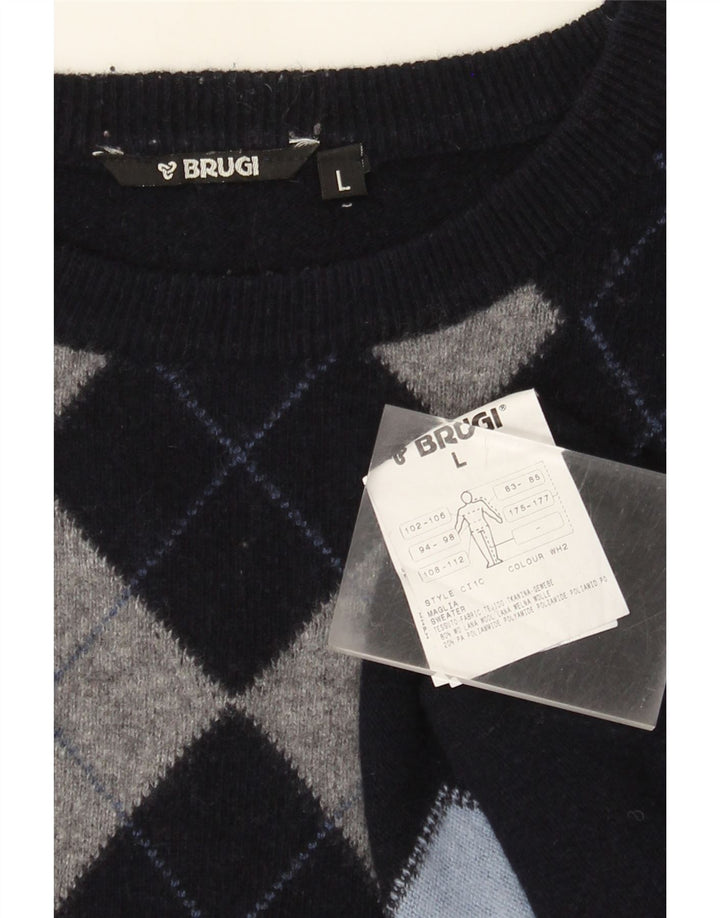 Brugi - Jersey de cuello redondo para hombre, talla grande, color azul marino, lana Argyle/Diamond