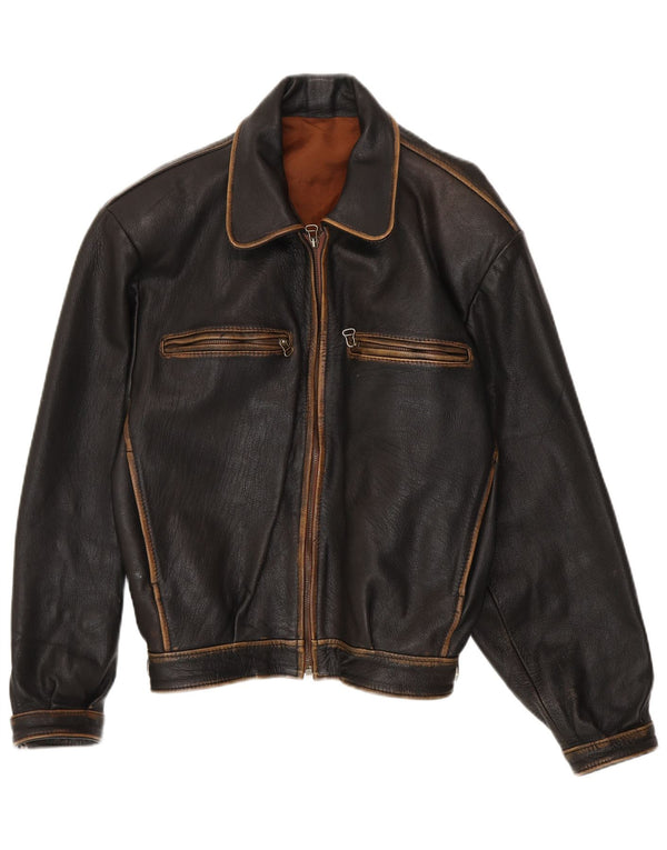 Vintage hombres suelto ajuste bombardero chaqueta de cuero Reino Unido 38 cuero negro medio
