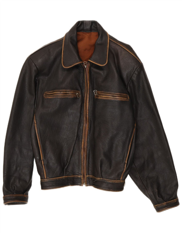 Vintage hombres suelto ajuste bombardero chaqueta de cuero Reino Unido 38 cuero negro medio
