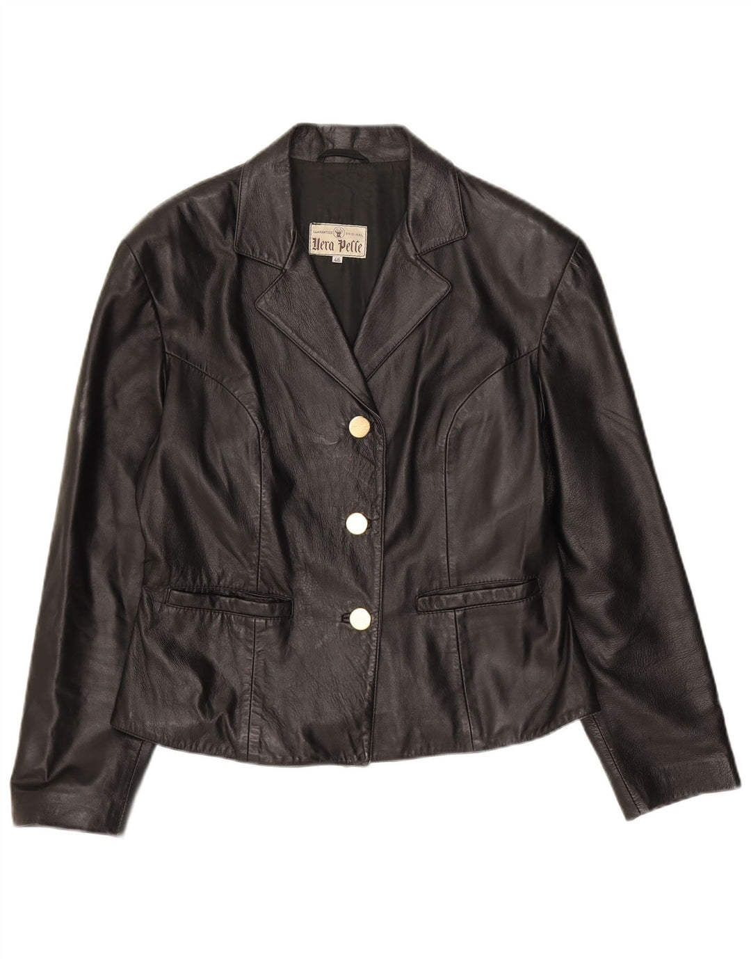 Vintage mujer 3 botones cuero Blazer chaqueta IT 46 cuero negro grande