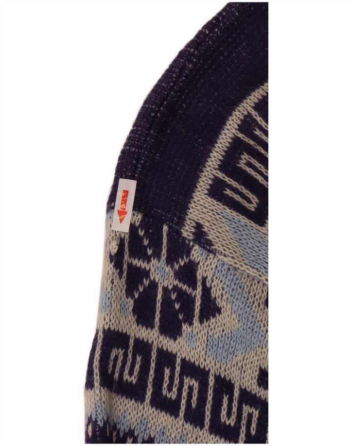 Vintage hombres cuello redondo jersey suéter medio azul marino geométrico