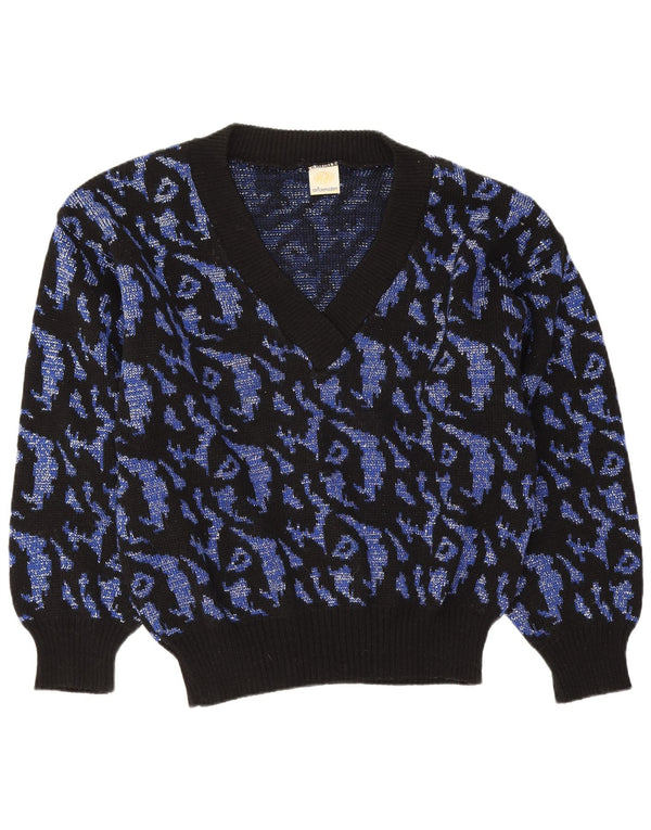 Vintage mujeres patrón abstracto V-cuello jumper suéter Reino Unido 16 grande azul marino