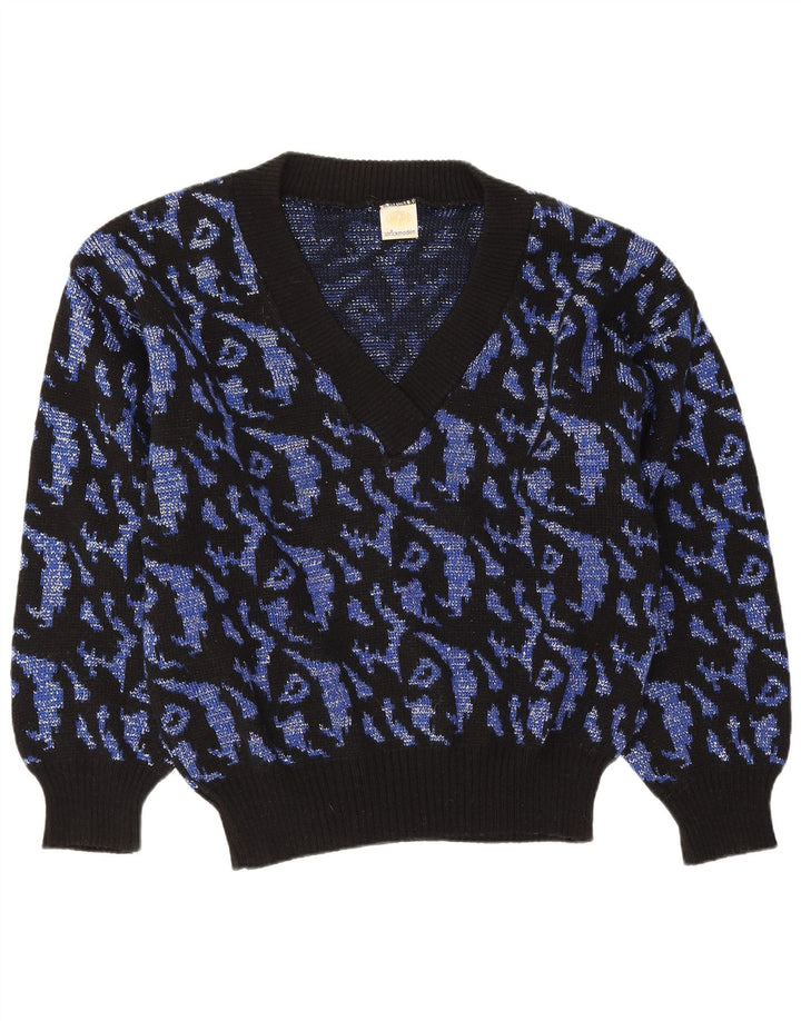 Vintage mujeres patrón abstracto V-cuello jumper suéter Reino Unido 16 grande azul marino