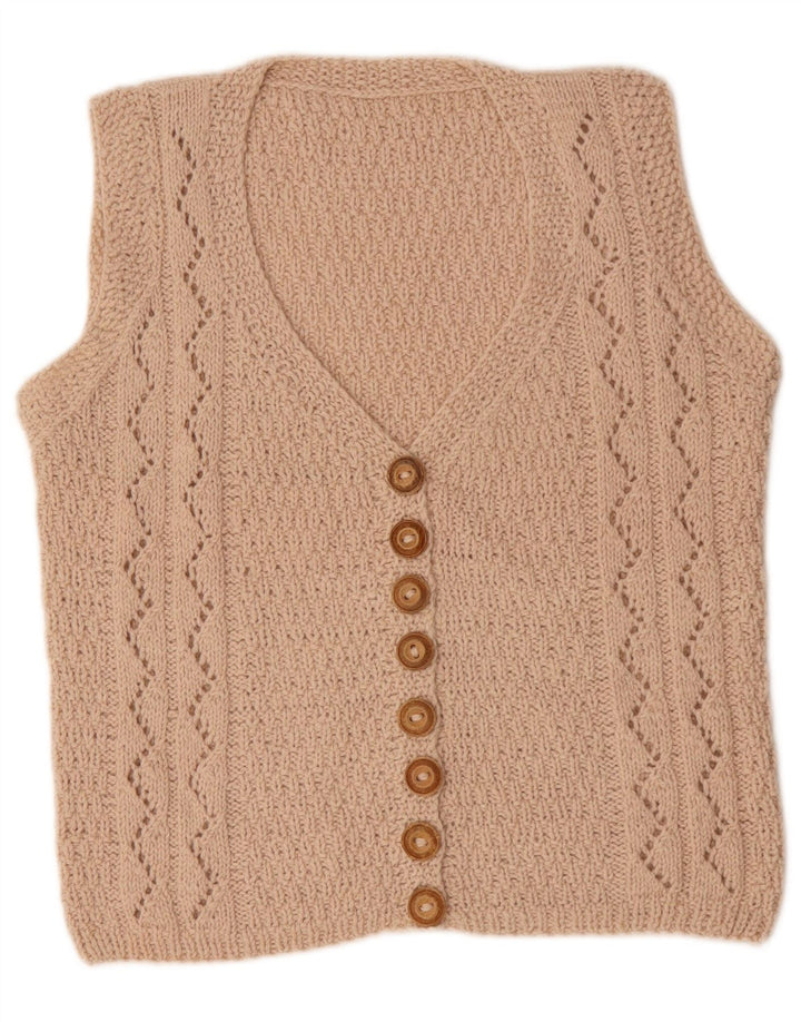 VINTAGE suéter cárdigan sin mangas para mujer Reino Unido 14 Beige medio