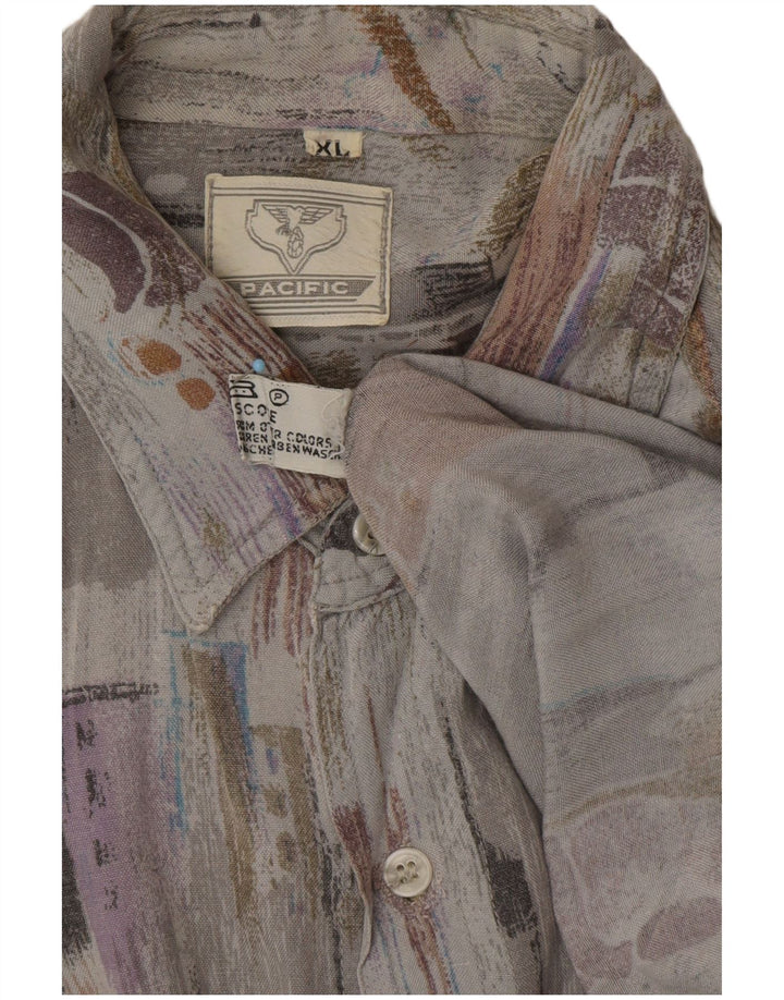 VINTAGE Camisa de manga corta con estampado abstracto para hombre XL Gris Viscosa Retro