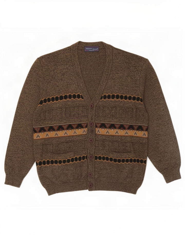 Vintage hombres Cardigan suéter grande marrón lana geométrica