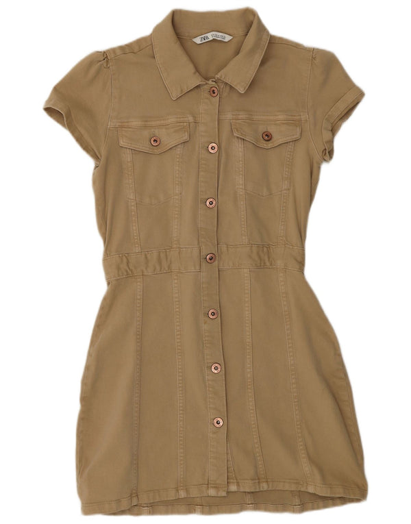 Zara Vestido camisero vaquero de manga corta para mujer UK 42 Algodón beige medio