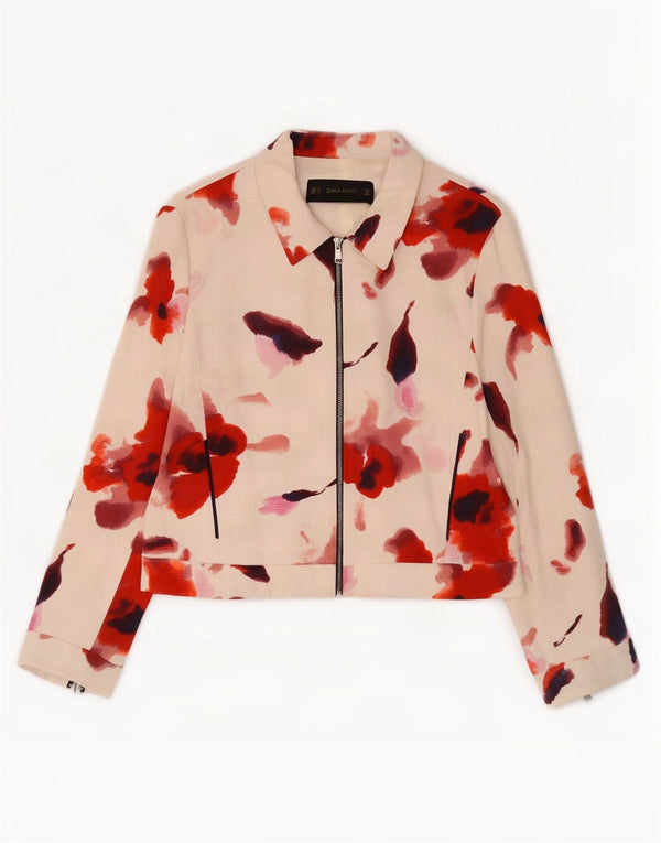Zara Mujer Cazadora Bomber UK 40 XL Algodón Floral Blanco
