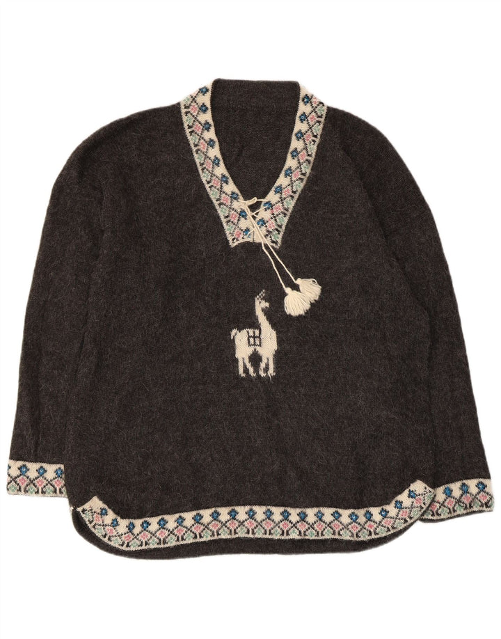 VINTAGE Suéter de jersey con cuello en V de gran tamaño para mujer Reino Unido 18 XL Gris Fair Isle