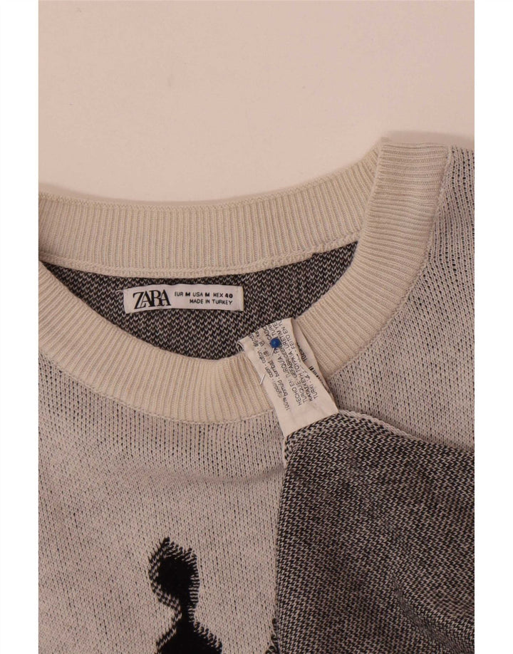 Zara Hombre Jersey Gráfico Con Cuello Barco Jersey De Algodón Gris Medio