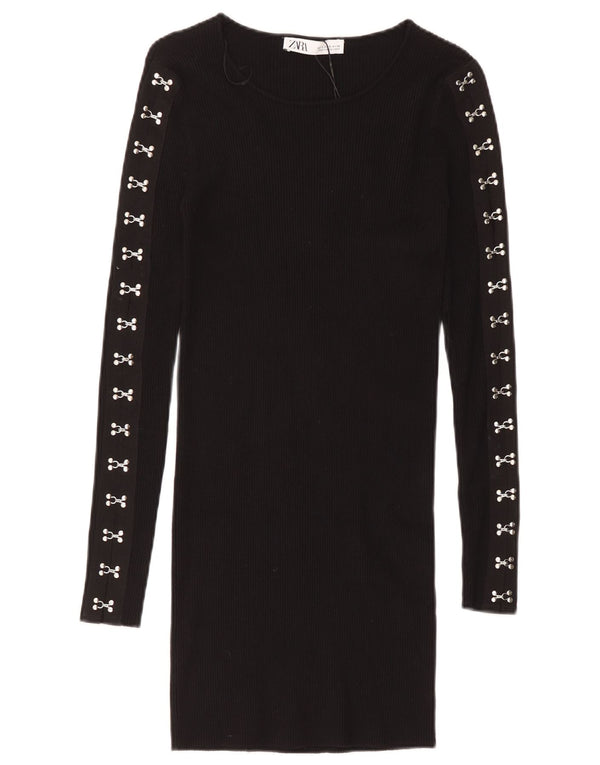 Zara Mujer Vestido Jersey De Manga Larga UK 8 Small Viscosa Negra