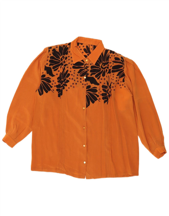 VINTAGE Blusa camisa mujer Reino Unido 16 Grande Naranja Floral