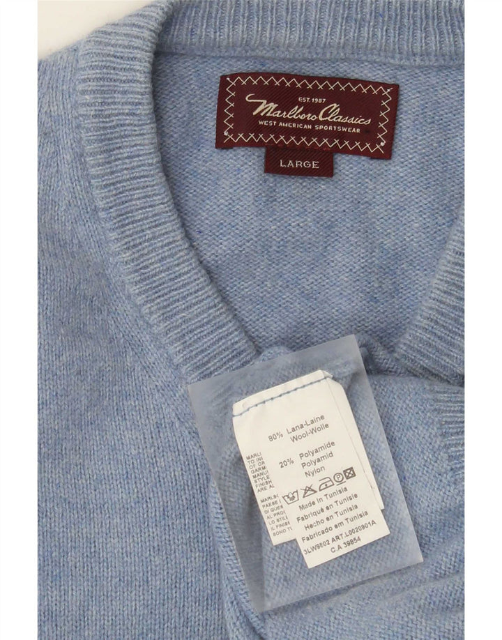 MARLBORO CLASSICS Jersey con cuello en V para hombre de lana azul grande