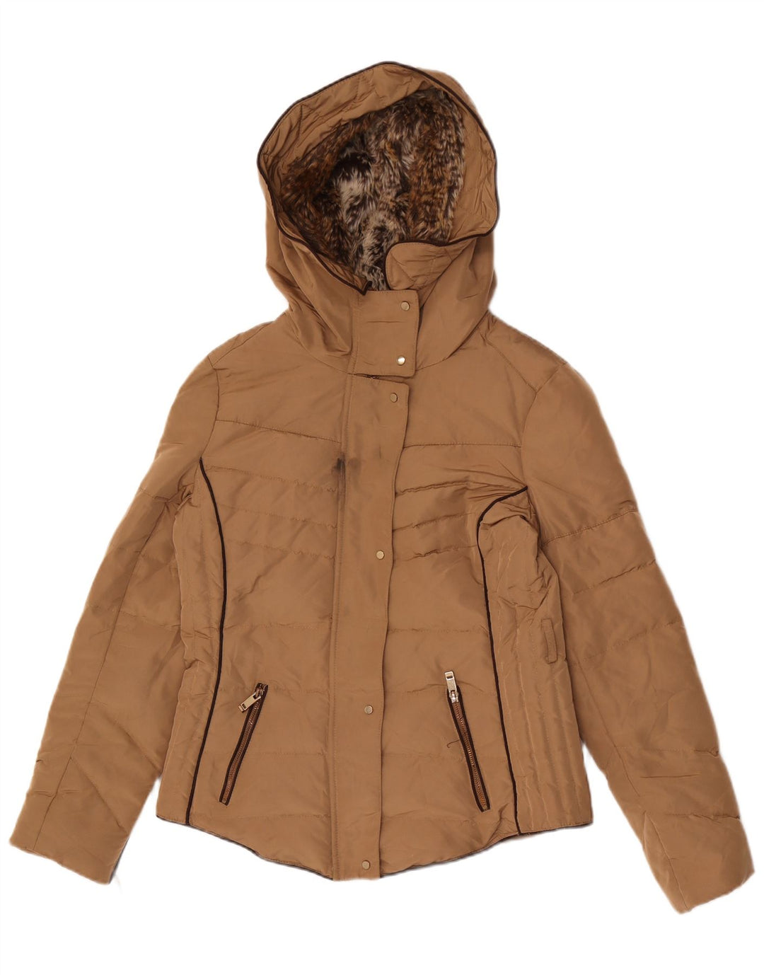 Zara Mujer Chaqueta Acolchada Con Capucha UK 44 Grande Poliéster Marrón