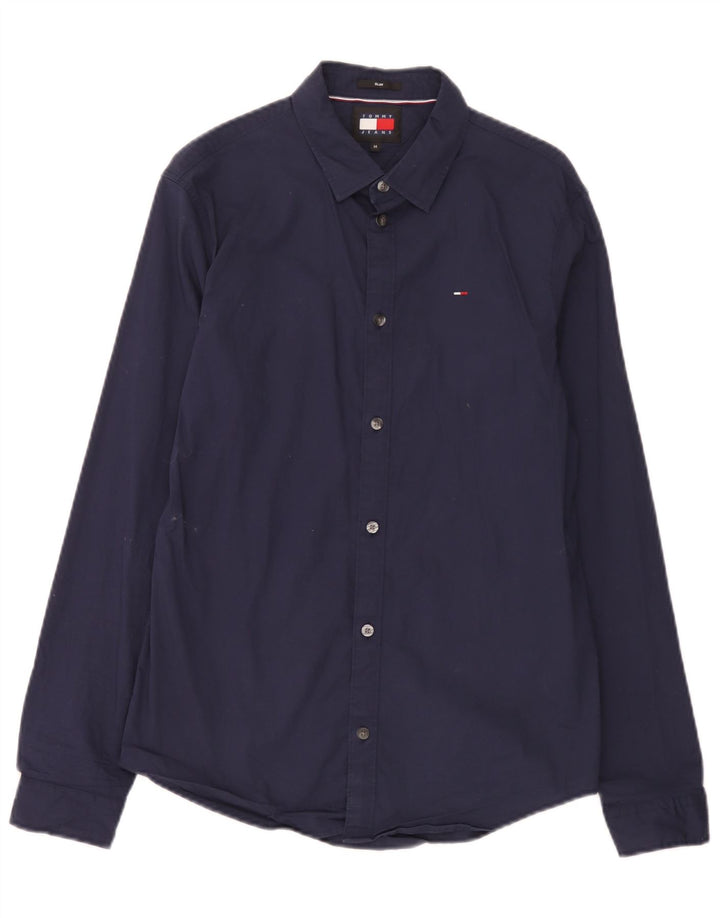 Tommy Hilfiger Camisa ajustada de hombre de algodón azul marino medio