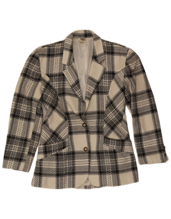 Vintage mujer 2 botones Blazer chaqueta Reino Unido 12 medio de lana a cuadros blanco